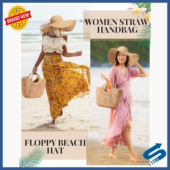 Large Straw Beach Bag and Floppy Sun Hat Set with Rattan Earrings main image 4